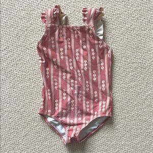 Pink and White One Piece Swimsuit with Ruffled Straps